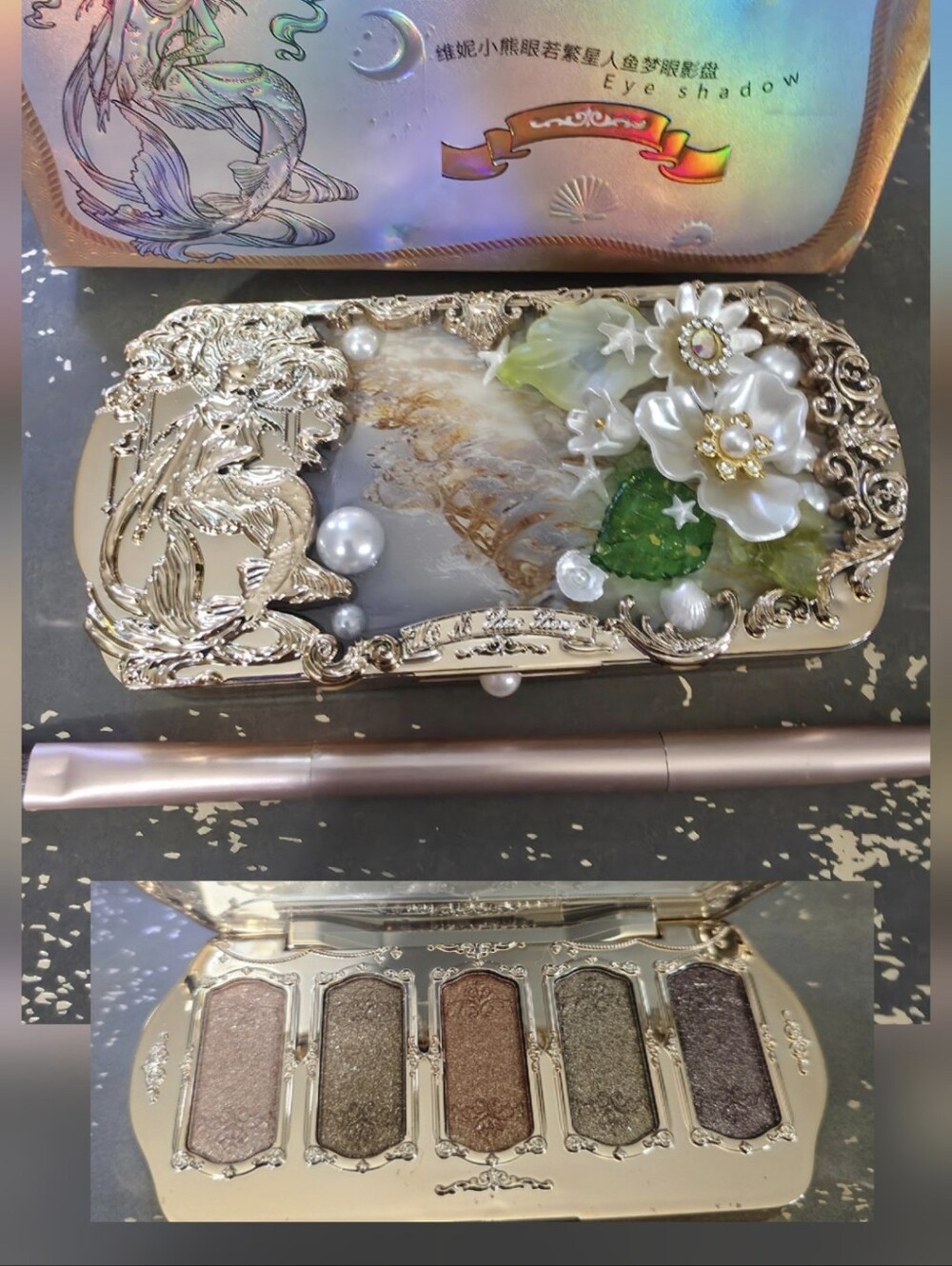 Five eyeshadow handmade florals pearls and brush for a beautiful princess set(B)